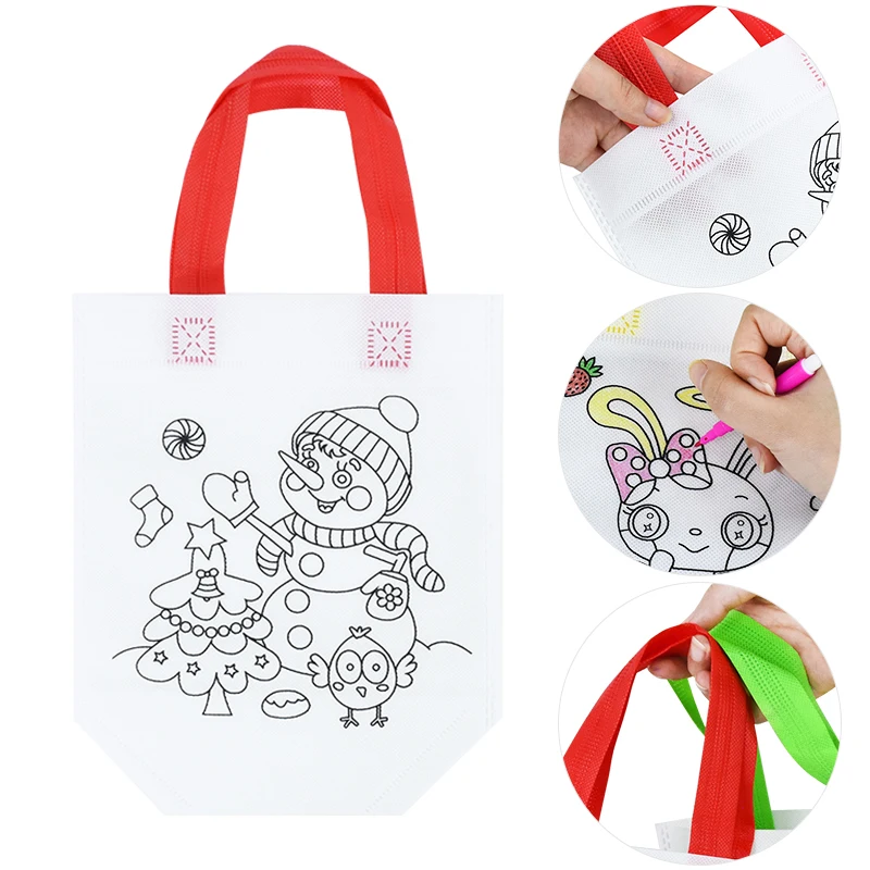 10pcs Children Handmade DIY Painting Graffiti Bags with Colored Marker Pen Birthday Gift Kids Drawing Toy Protable Handle Bags