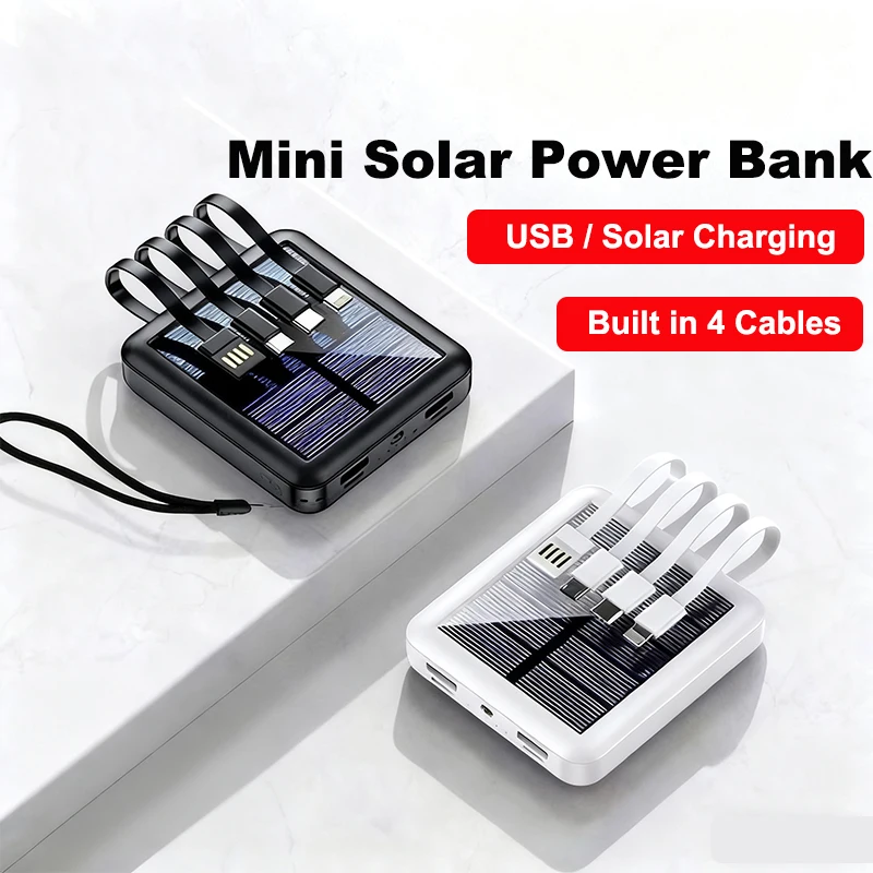 Mini banco de energía Solar de 20000mAh con Cables, cargador portátil ligero, batería externa para iPhone 16, Samsung, Huawei, Xiaomi