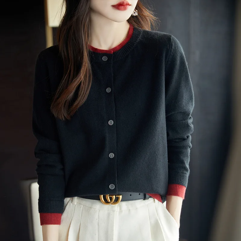 

Fake Two Pieces O-Neck Cardigan Women Spring Autumn Popular Loose Patchwork Sweater Fashion Single-Breasted Contrasting Pullover
