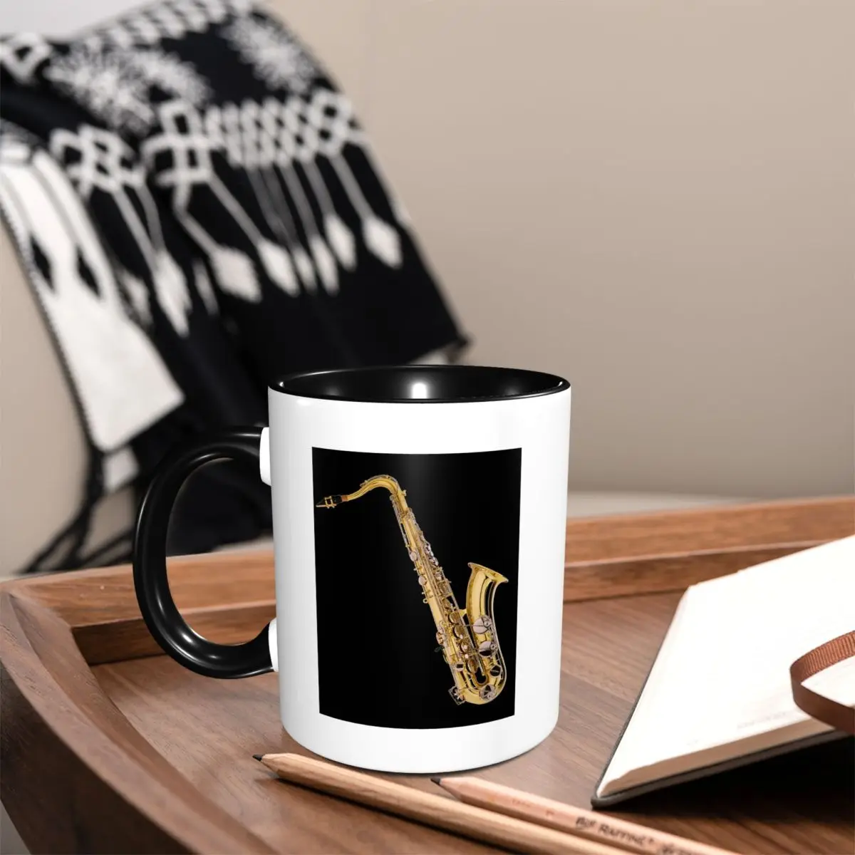 Saxophonist Saxophone Pattern Black Mug Funny Ceramic Coffee Cups Tea Mugs Milk Cup Drinkware Gifts for Friends