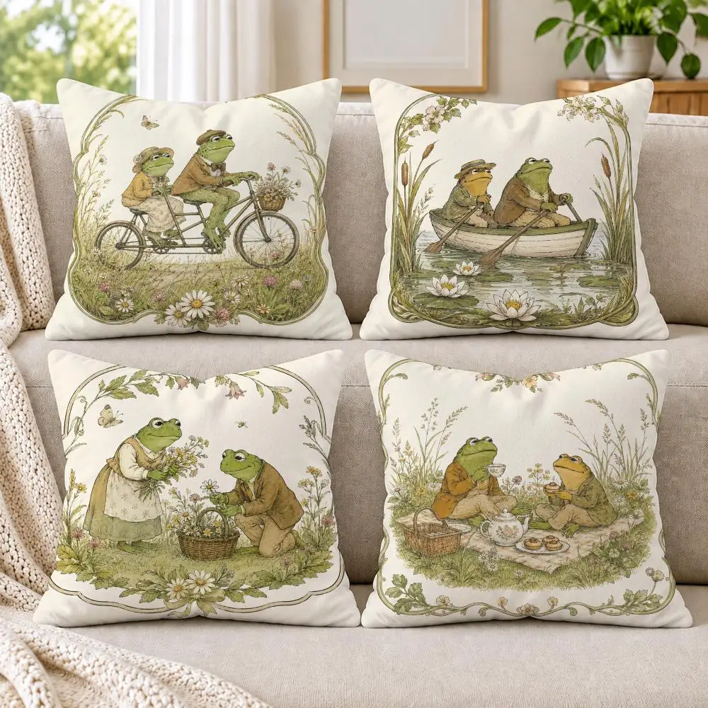 Funny Green Frog Toad Duo Cushion Cover Soft Short Plush Pillow Cases Hidden Zipper Cutecore Sofa Bedroom Home Decor Gift