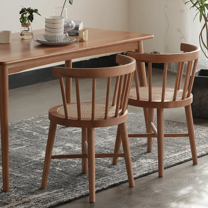 

Nordic Japanese Style Solid Wood Wicker Windsor Dining Chair Retro Leisure Backrest Chair Solid Wood Wicker Round Chair