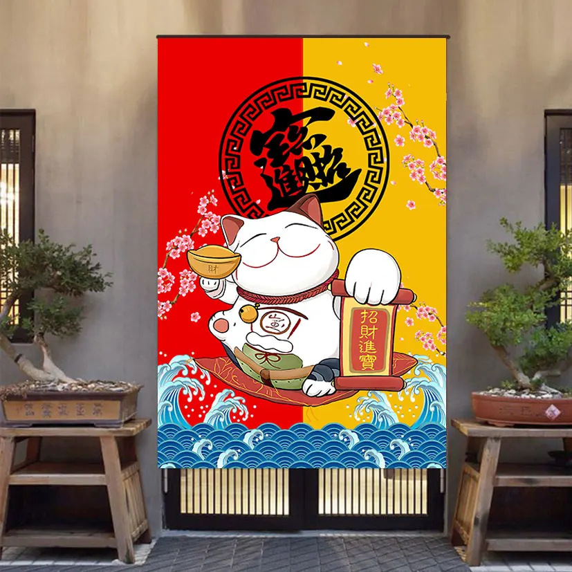 Lucky Cat Japanese Ukiyoe Door Curtain Half Curtain Partition Curtain Art Bedroom Bathroom Decor Curtain Kitchen Oil Smoke Proof