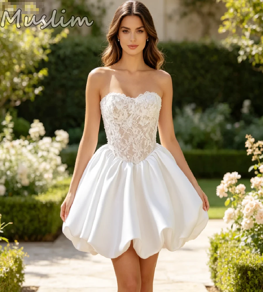 Boho Mini Wedding Dress Strapless Scalloped Sweetheart Lace Bodice Puffy Satin Bubble Skirt Short Bridal Dress For Engagement