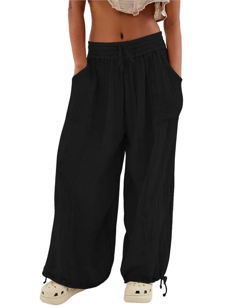 Beach Pants For Women Wide Leg Pants High Waist Drawstring Loose Pant With Pocket 2025 Solid Color Autumn Pantalones De Mujer