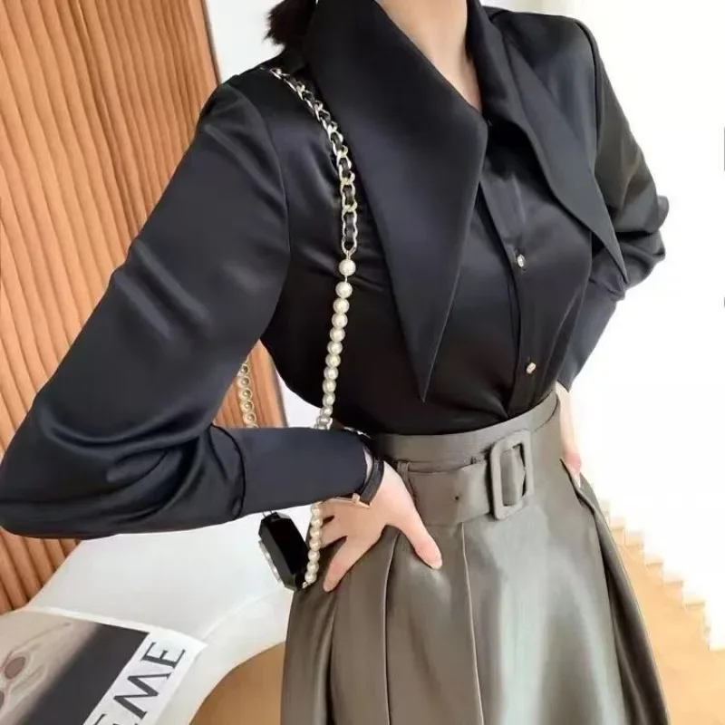 QWEEK Solid Office Minimalist Elegant Shirts Luxury Chic Korean Style Blouses Long Sleeve Button women\'s clothing autumn 2024