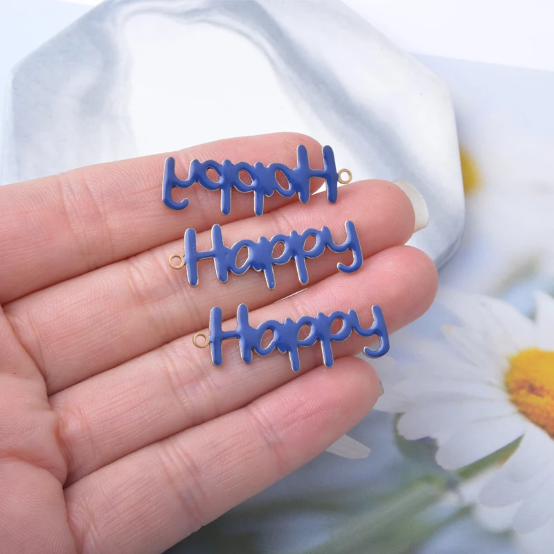 10 Stück Kupfer-Anhänger in Form von Buchstaben „Happy“ mit beidseitiger Emaillebeschichtung, Öltropfen-Optik, für DIY-Schmuckdekoration. – Detail 14