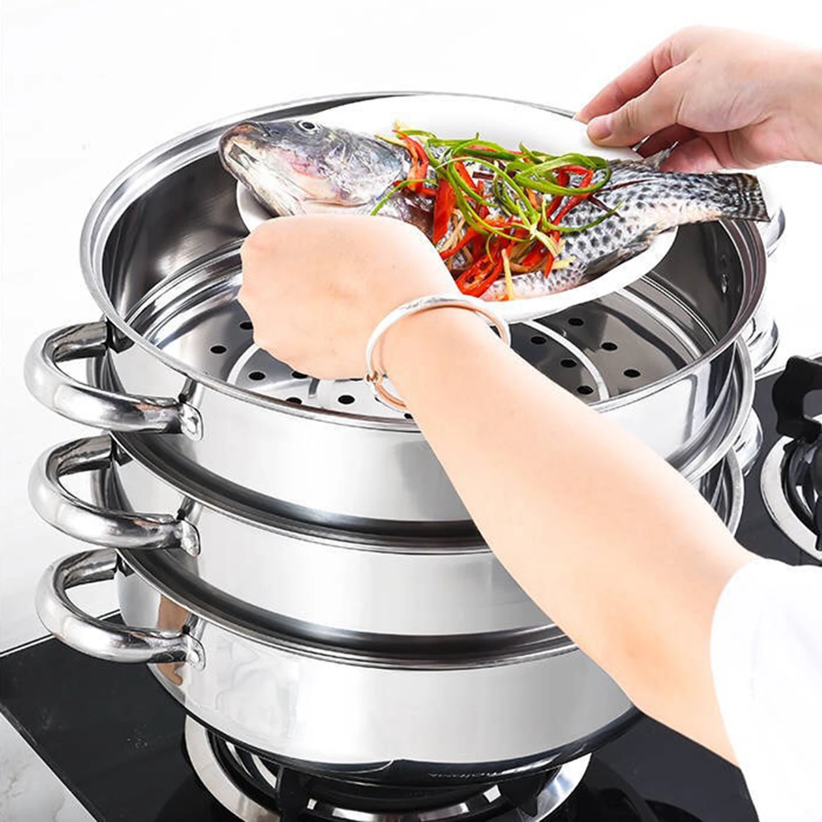 Vaporiera a tre strati in acciaio inossidabile, pentola a vapore a 3 livelli con coperchio, ideale per cuocere verdure, frutti di mare, zuppe, stufati e pasta.
