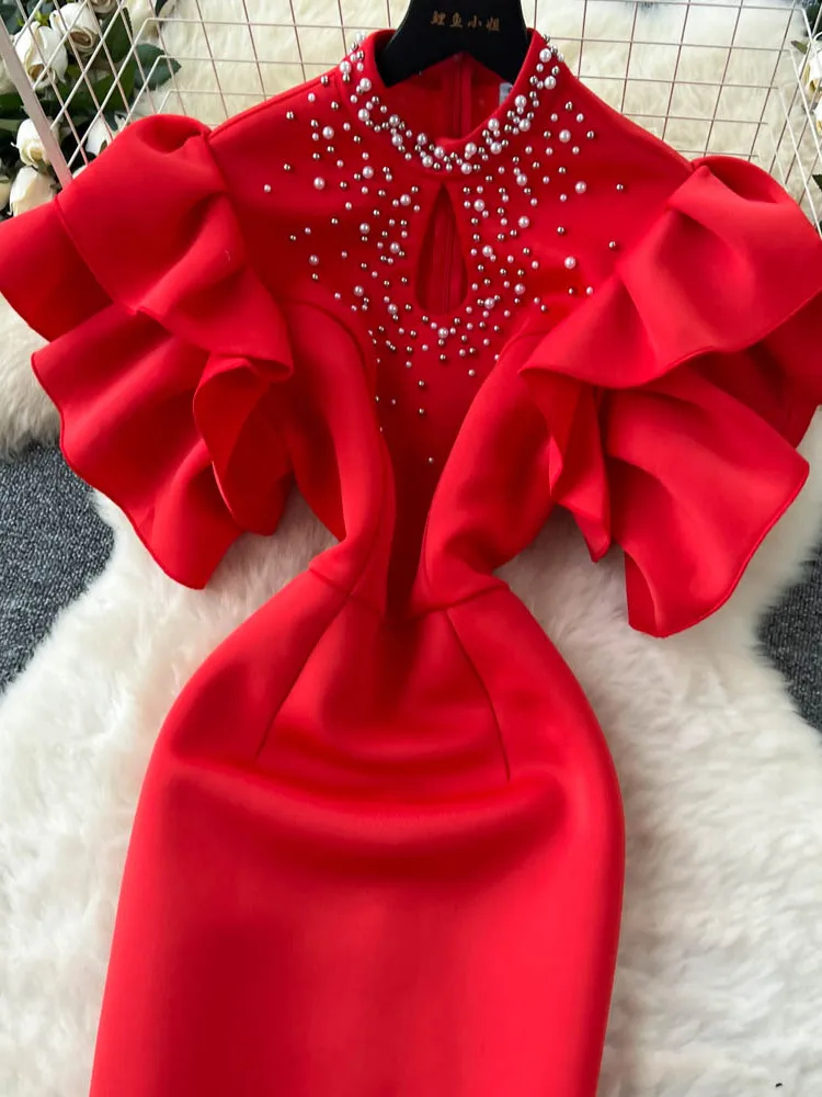 ثوب مسائي أحمر نسائي فاخر مجوف من Sve الخصر Cinched بقصة ضيقة وخصر عالٍ على شكل حرف a Dr Korean Sle