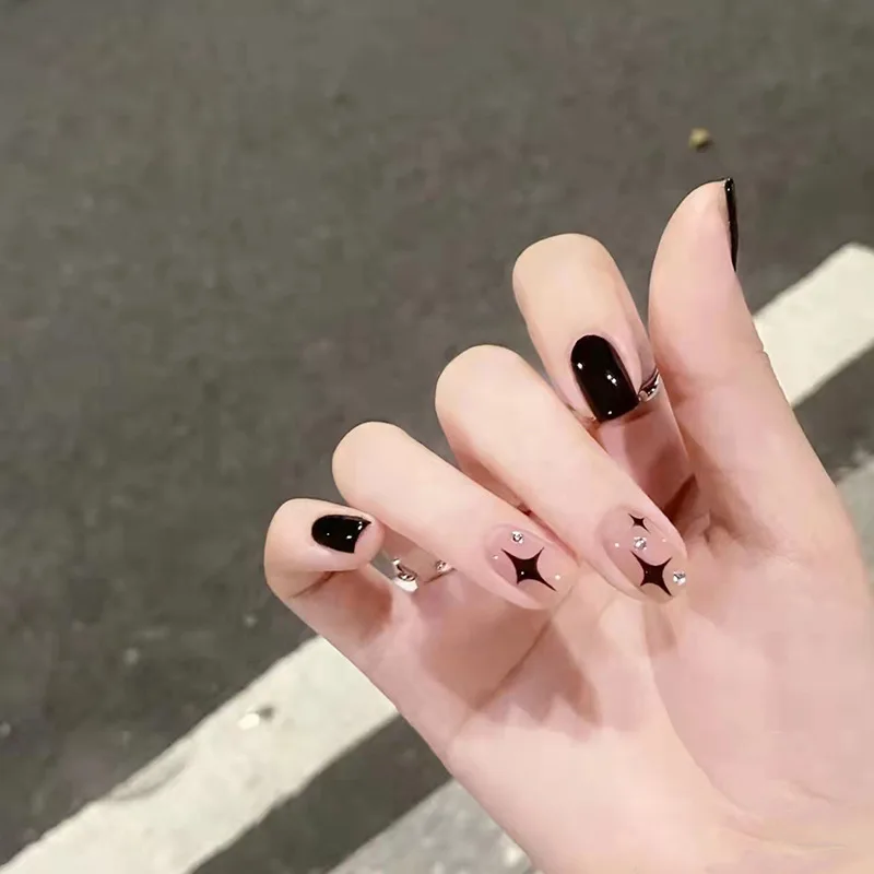 24 pçs/caixa preto estrela padrão pérola curto quadrado designer de moda estilo francês cobertura completa pressionado unhas falsas