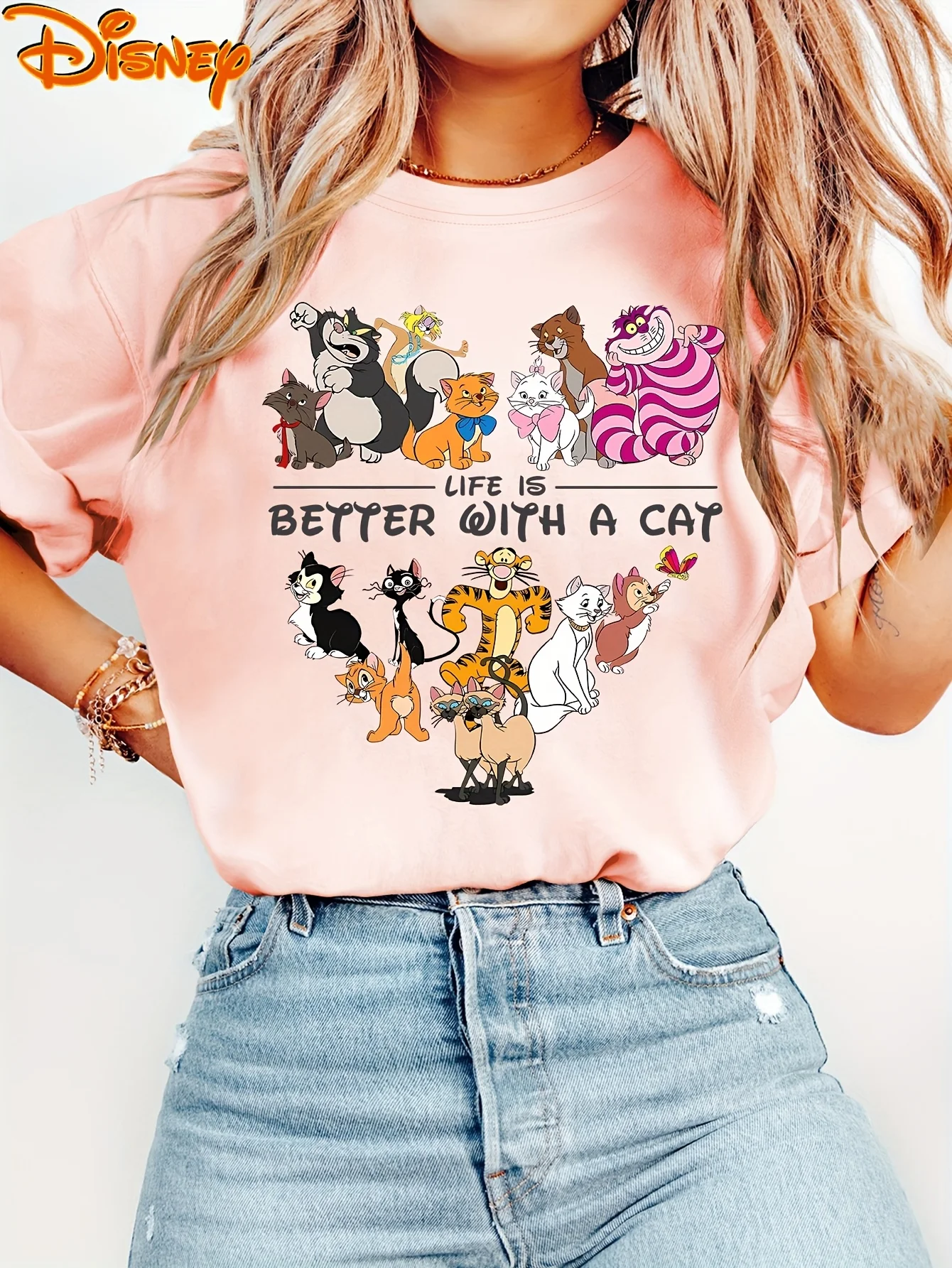 Camiseta oficial de Disney para mujer, camiseta rosa Pastel Vintage, camiseta informal rosa suave para amantes de los gatos, trajes de vacaciones diarios