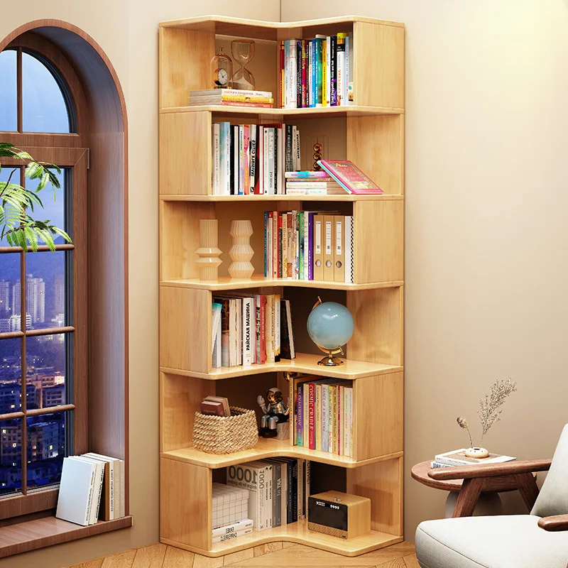 Modern simple solid wood 6-layer adjustable corner bookcase, suitable for living room, bedroom, home or hotel