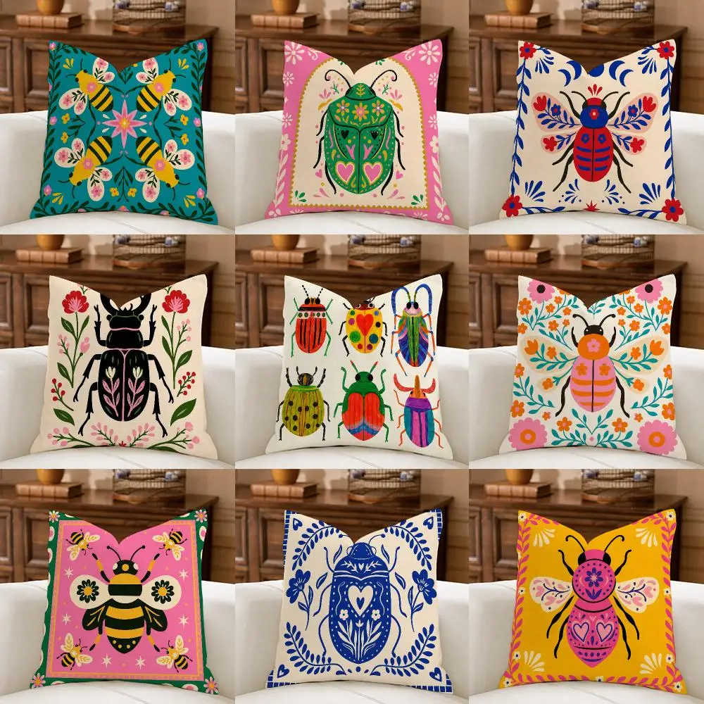 Vibrant Folk Art Beetle Cushion Cover Natural Breathable Durable Linen Printed Decor Pillow Case Sofa Bedroom