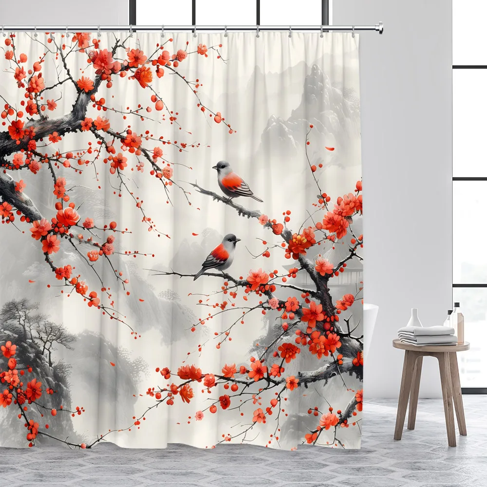 Japanese Landscape Shower Curtains Abstract Mountain Pink Cherry Blossom Floral Bird Pavilion Asian Art Bathroom Curtain Decor