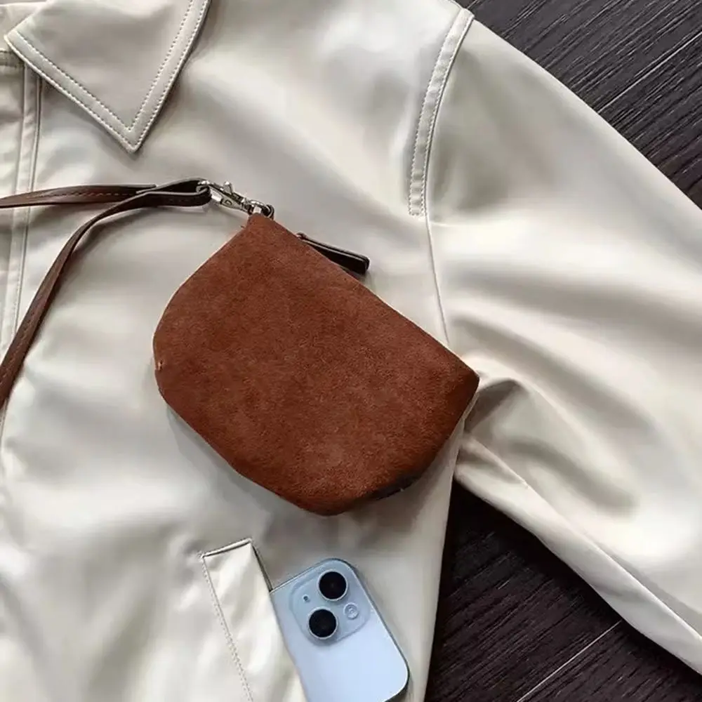 PU Leather Suede Coin Purse Hanging Neck Lipstick Earphone Pouch Mini Storage Bag Shoulder Bag Solid Color Pendant Accessories