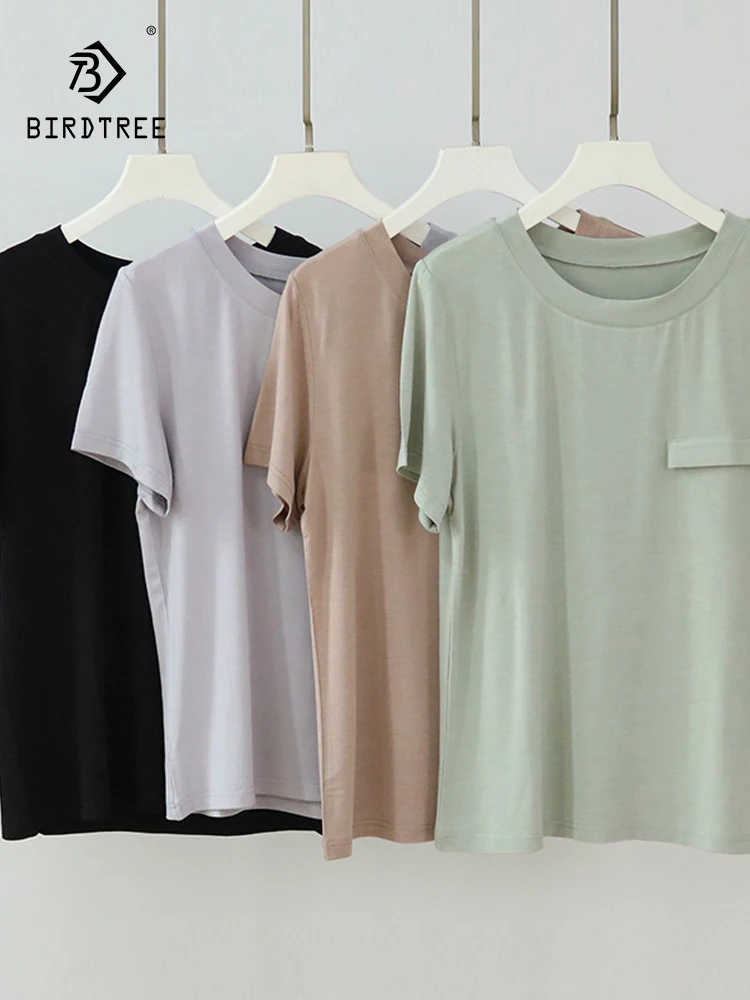 Birdtree 60%Modal 8.6%Mulberry Silk Round Neck T-shirt Bottomed Short Sleeve Solid Color Female Breathable Loose Tops T37810QC