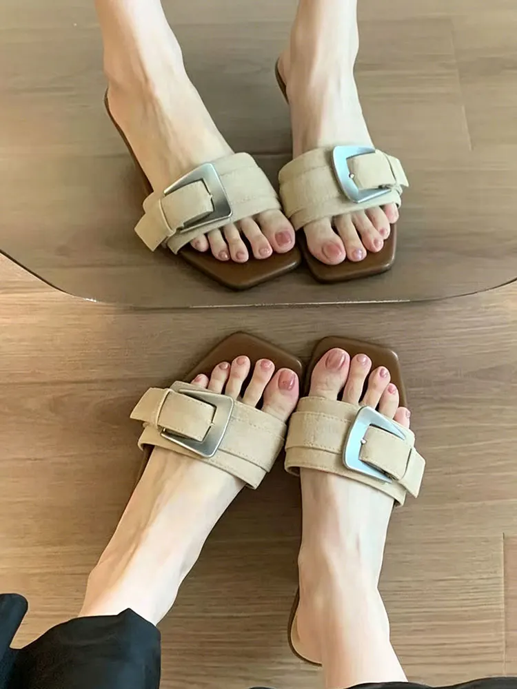 Sandalias Retro con Hebilla para Mujer, Tacón Bajo, Punta Abierta, Estilo Coreano, para Verano, Uso en Exteriores, Zapatos Planos con Plantilla Transpirable