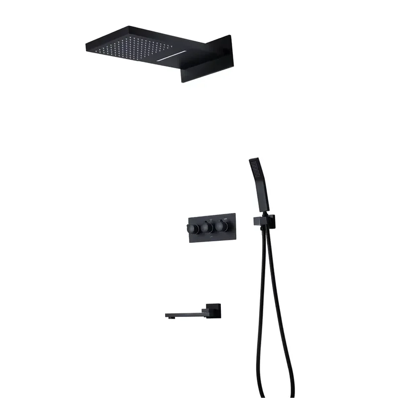 HIDEEP Brass Matte Black Wall Mounted Rain&Waterfall Shower Head Hot&Cold Water Bathroom Faucet Set