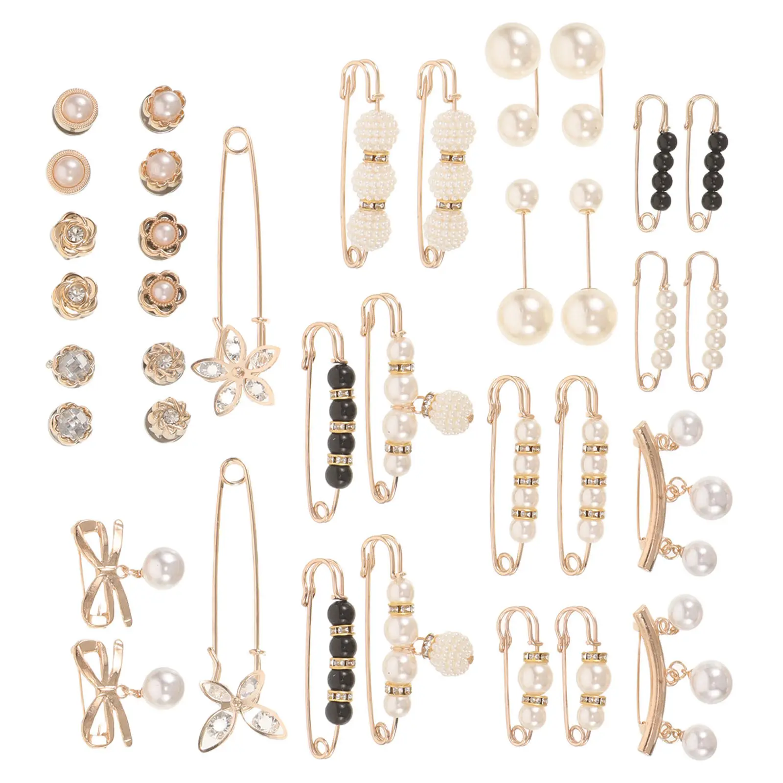 36PCS Pearl Brooch Set Pant Waist Tightener Sweater Shawl Hat Brooch Clip Faux Pearl Safety Pins for Clothing Dresses 12 Styles