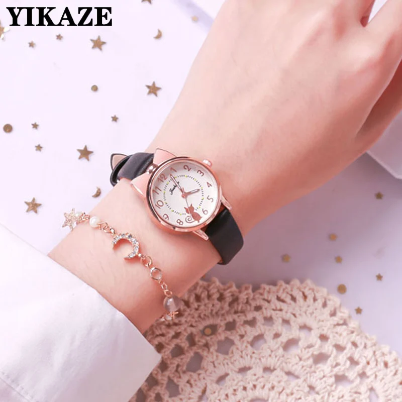 YIKAZE-Ensemble de montre en cuir pour filles, montre-bracelet électronique à quartz pour enfants, étudiante, chat mignon, enfants, mode simple,