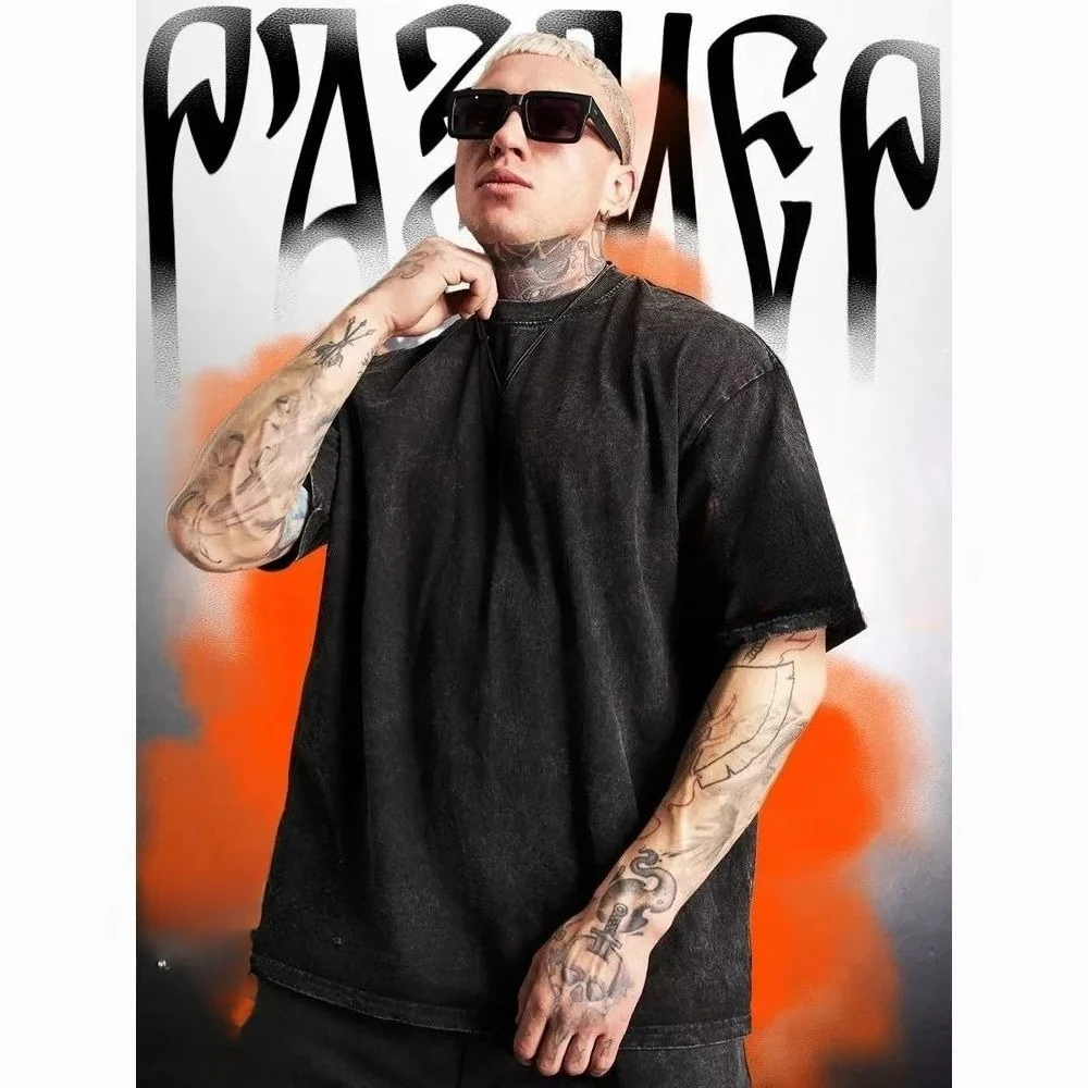 تي شيرت ريترو قابل للغسل من ماركة American Streetwear للرجال، تي شيرت صيفي ثقيل الوزن نصف كم فضفاض بلون سادة #4