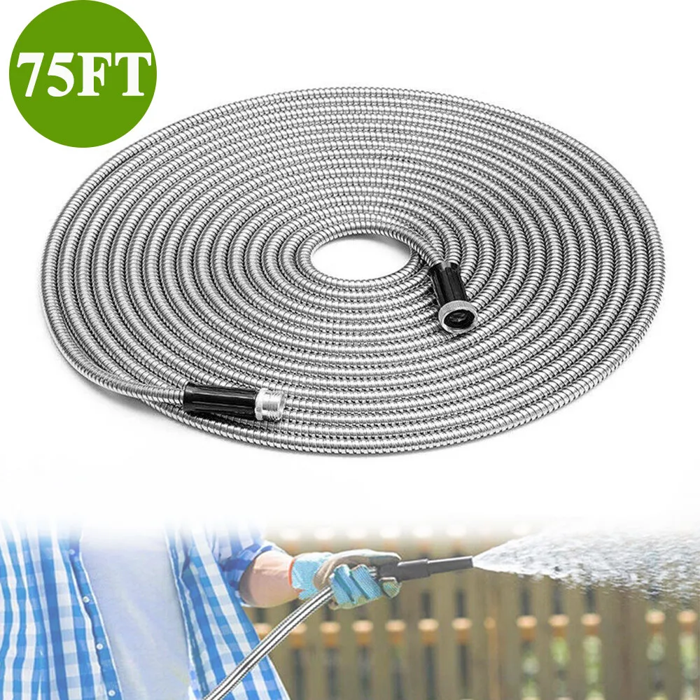 

75 FT Stainless Steel Metal Garden Water Hose Flexible Heavy Duty Pipe