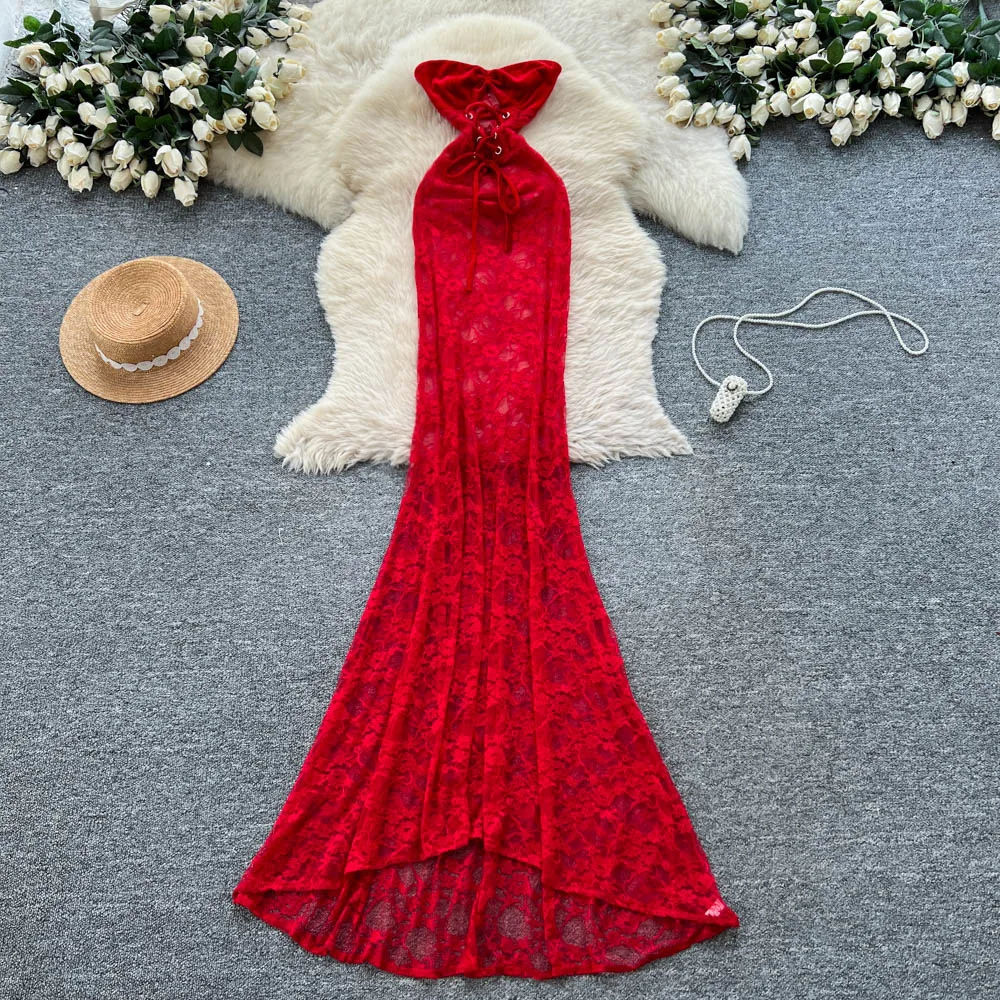 

Women Lace Dresses Solid Strapless Dress A Line Full Lenth Sleeveless Drawstring Waist Cinch Slim Party Sexy Elegant 2025 Summer