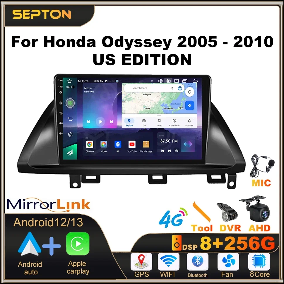 SEPTON 8+128G Car Radio for Honda Odyssey 2005 - 2010 US EDITION 4G Net 8core WIFI 8+256 Head Unit Android 12 Multimedia Player