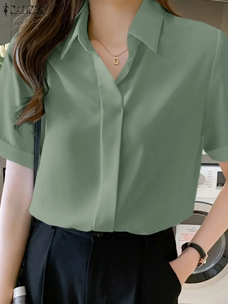 ZANZEA Summer Fashion Women Blouse Casual Solid Work OL Shirt Half Sleeve Lapel Neck Button Tunic Tops Blusas Femme Chemise