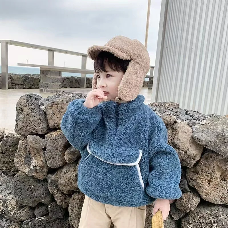 Boys Plush Hoodie Baby Winter Outfit New Children's Lamb Velvet Embroidered Pullover Jacket Trendy Children's Thick Top