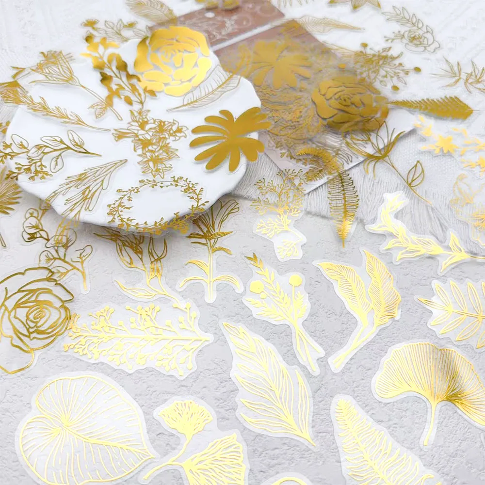 

50pcs Elegant Floral Gold Stamping PET Stickers Decals For Laptop Phone Scrapbook Luggage Guitar DIY Creative Aesthetic Stickers