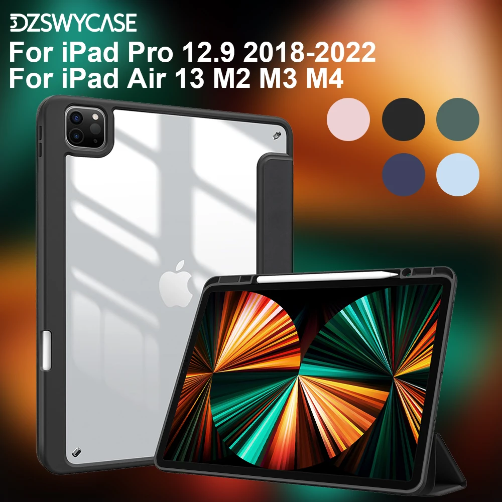 Case for iPad Air 13 inch M2 M3 M4, for iPad Pro 2018-2022 12.9 inch, Transparent Back Cover with Pencil Holder, Auto Sleep/Wake