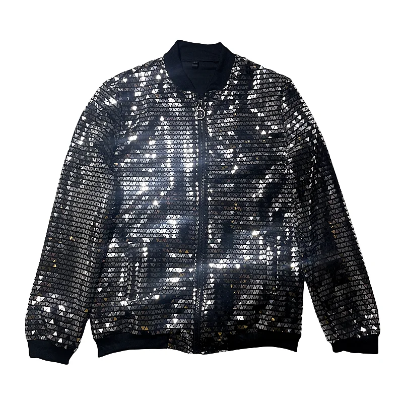 เสื้อแจ็คเก็ตคอตั้งประดับเลื่อมสีเงินสำหรับผู้ชาย เหมาะสำหรับบาร์ ร้านคาราโอเกะ และการแสดงบนเวที เสื้อโค้ทลำลอง