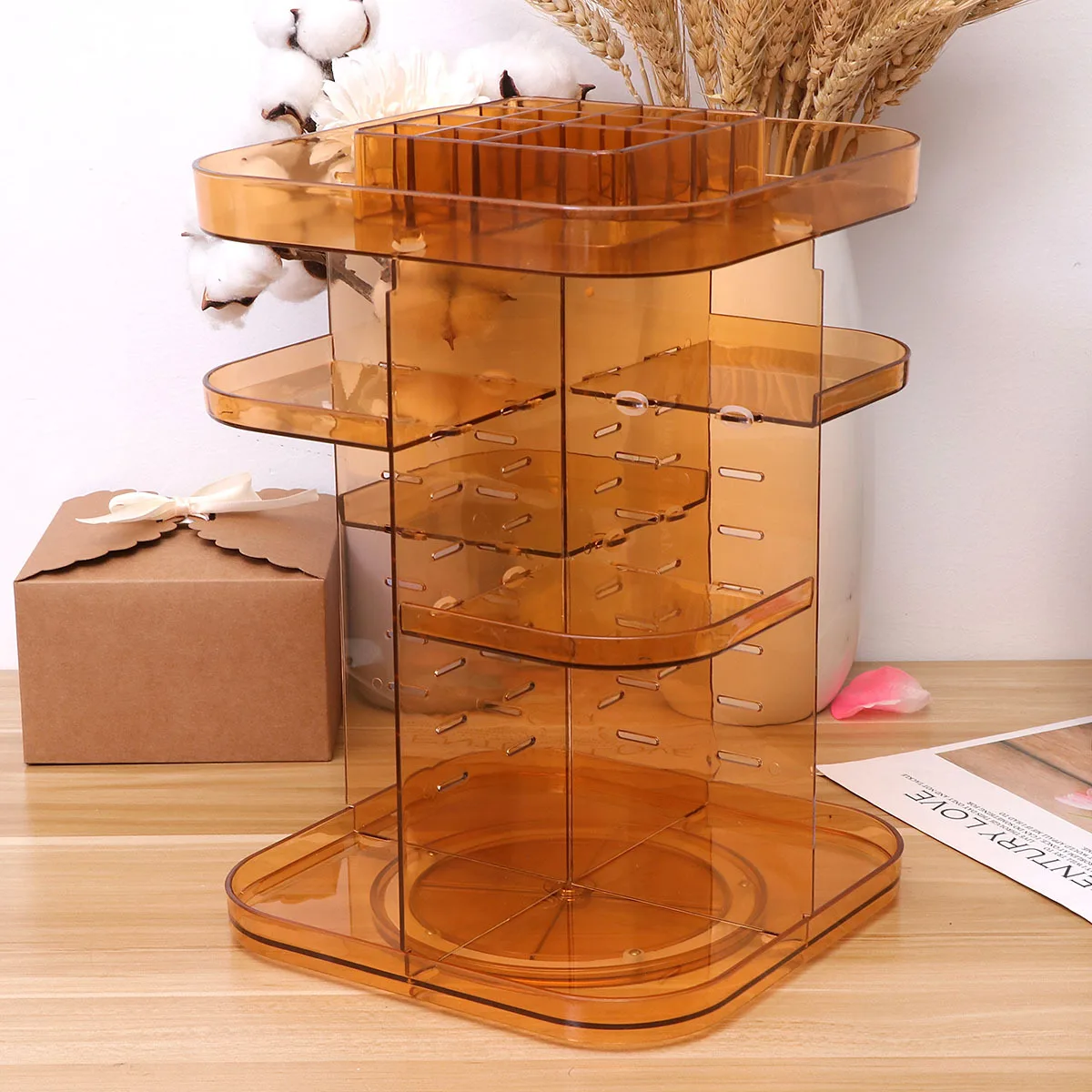 منظم دوار، رف مربع ذو سعة كبيرة، حامل مكياج، رف تخزين متين لرذاذ الجسم للعناية بالبشرة والعطور