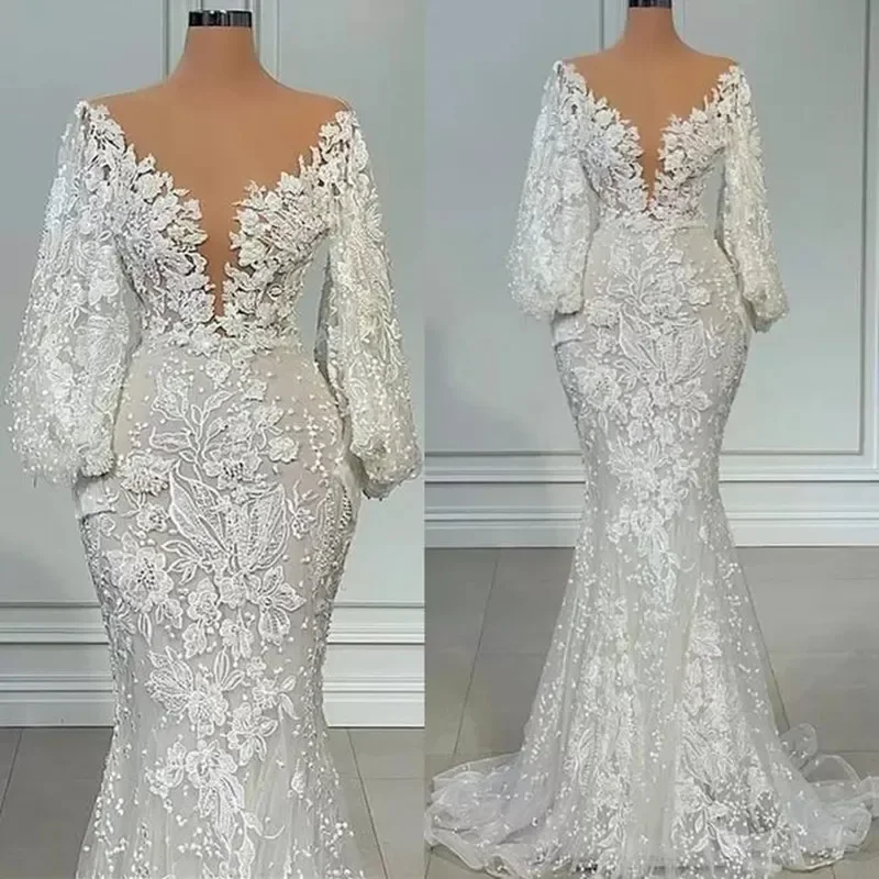 

Customized Well Design V Neck Mermaid Wedding Dress Sweep Train 3/4 Long Sleeves Plus Size Lace Appliques Bridal Gowns