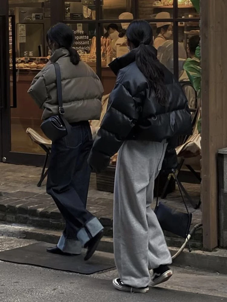 Jaqueta grossa acolchoada de falso couro feminino, casaco quente de inverno, jaqueta com zíper, gola alta, manga comprida, sobretudo curto, feminino, novo, 2022