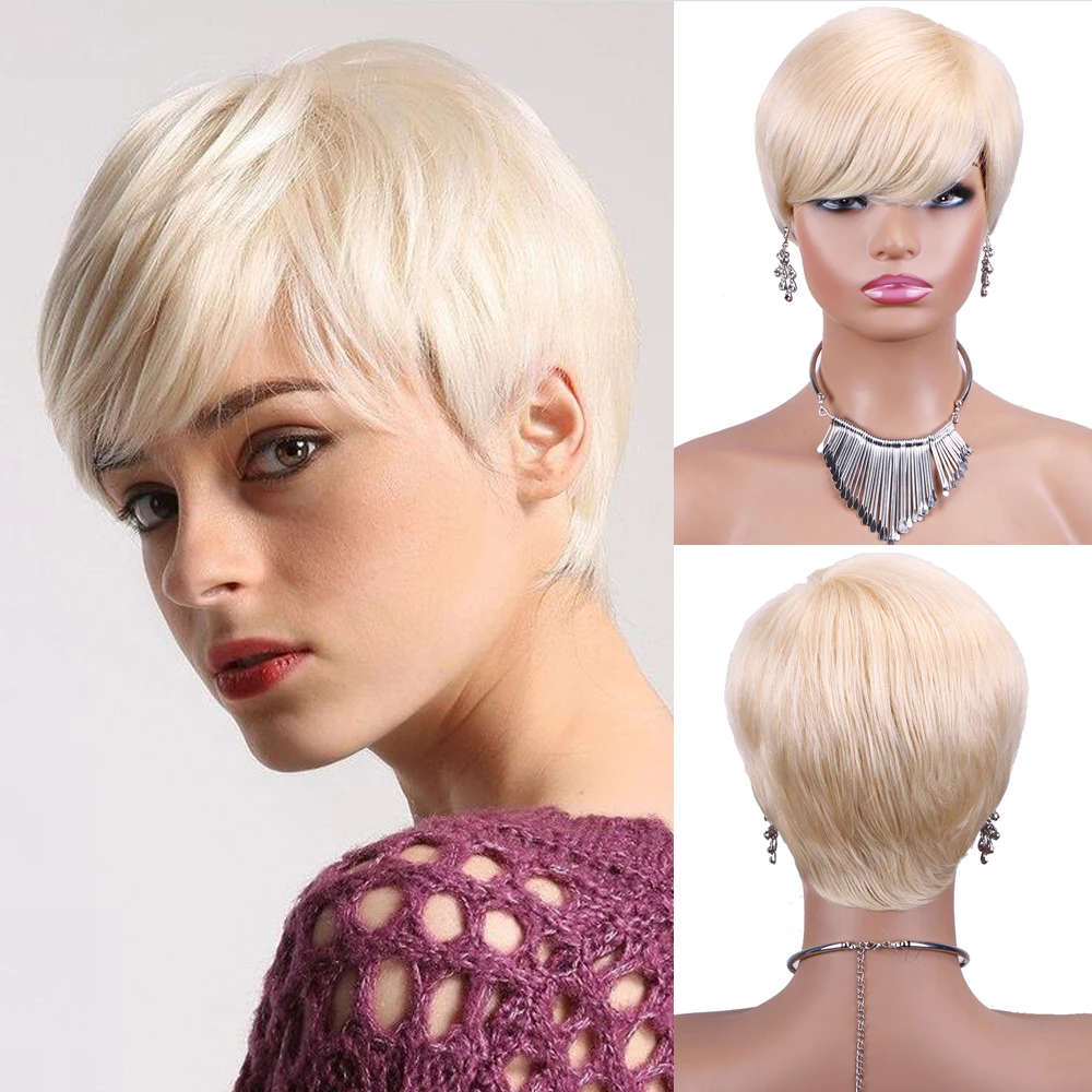 Blonde Short Human Hair for Black Women Party Use Wigs with Bangs Pixie Cut Layered Human Hair Wigs Women Machine Made Cheap Wig