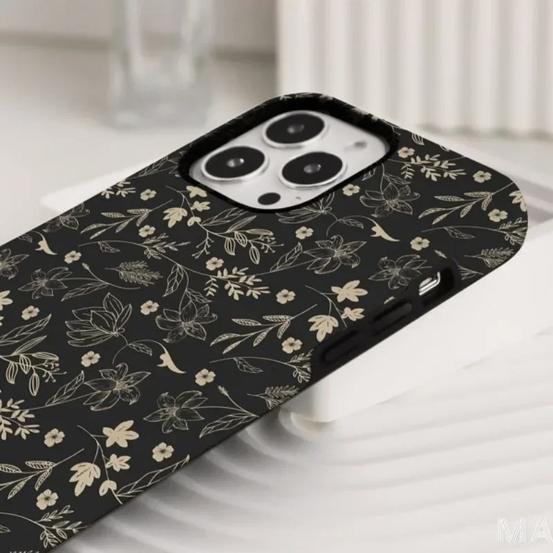 Black Pressed Flowers Phone Case For IPHONE 16ProMax 15 14 13 12 11 PRO Plus Acrylic TPU Two in one Mobile Phone Cases