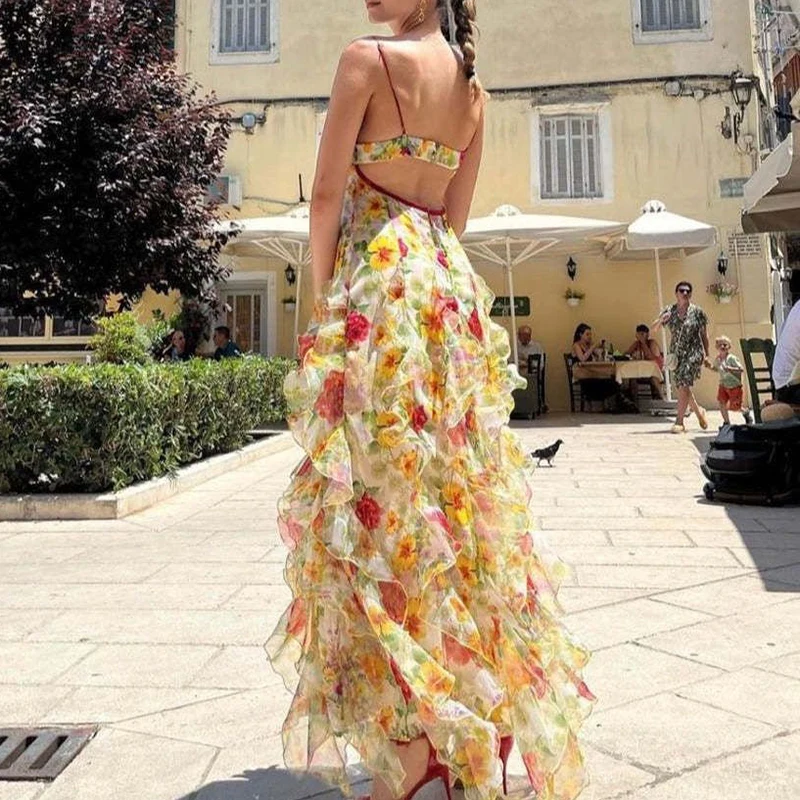 Spring Summer Floral Print Slim Chiffon Dress Female Fashion V Neck Ruffle Long Dress Elegant Sleeveless Party Dresses Vestidos