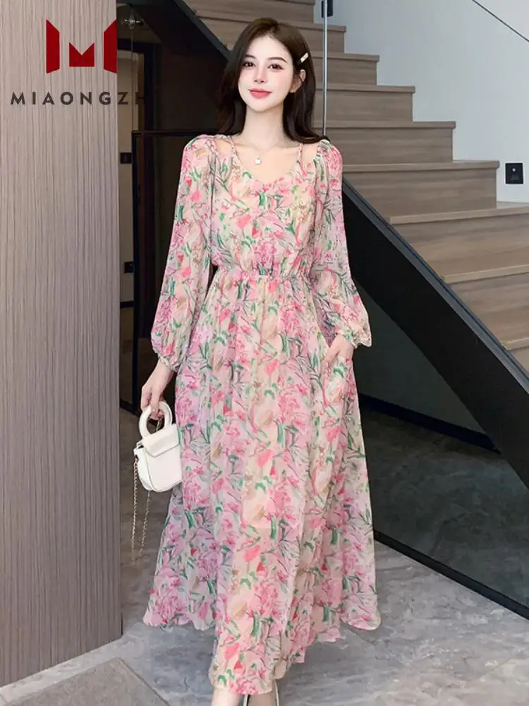 

French Printing Long Dresses Women V Neck Long Sleeve Fashion High Waist Floral Chiffon Dress Ladies Leaky Shoulder Slip A Line