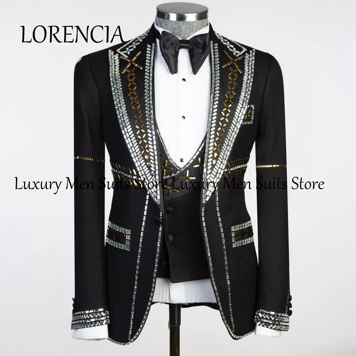 Customized Fashion Jacauqrd Men Suits With Beaded Crystal Groom Wedding Tuxedos 2 Pieces Sets Male Prom Party Blazer Slim Fit