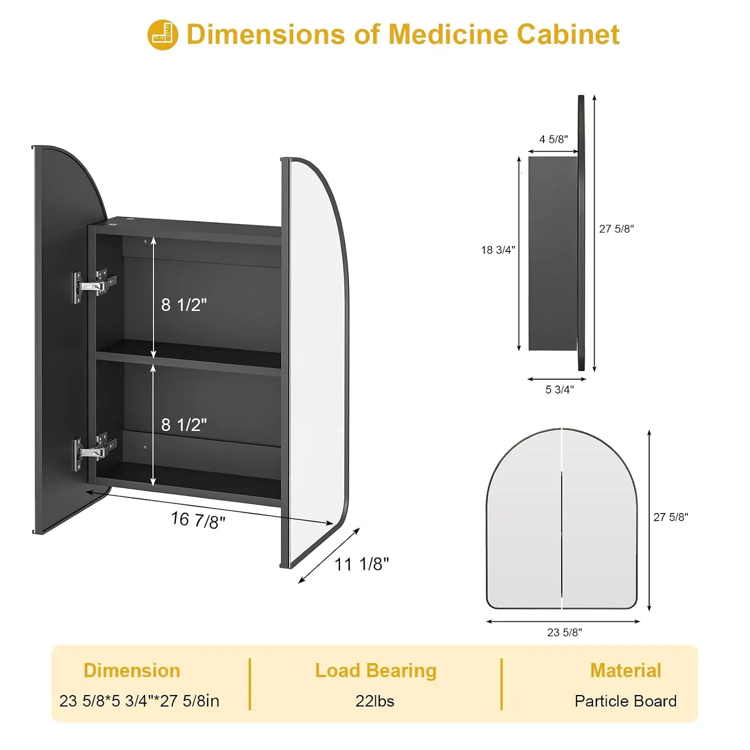 Arched Medicine Cabinet 2 Door Black Wall Mounted Wood HD Copper-Free Silver Mirror Soft Close Hinges 24x28, Customized