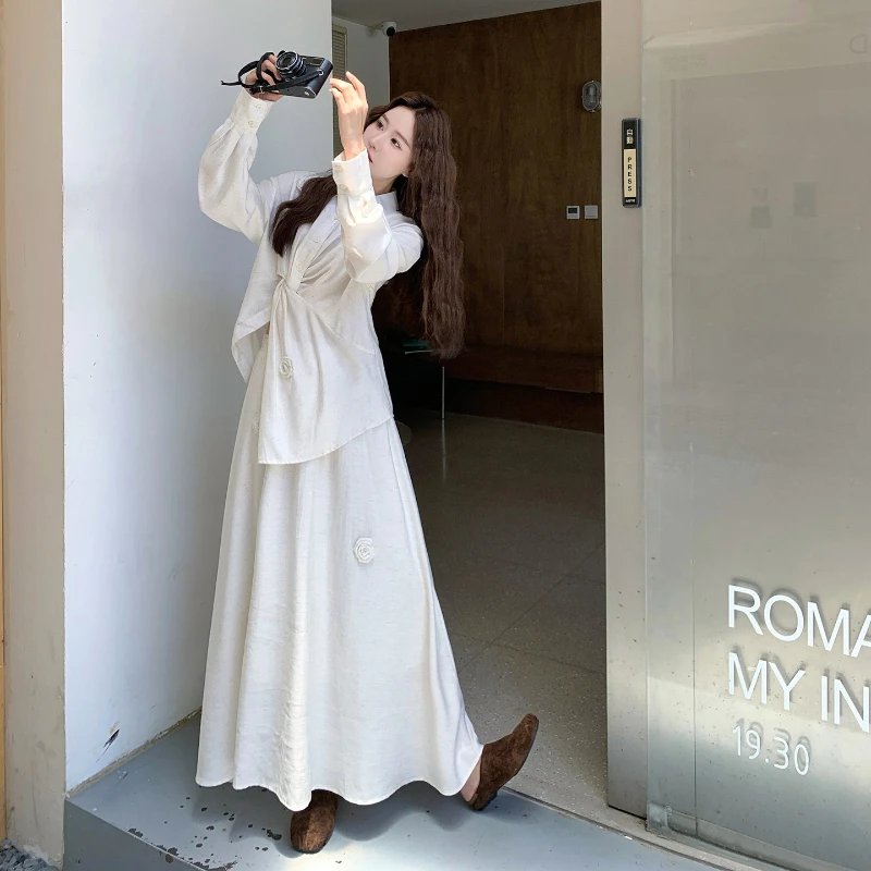 النمط الفرنسي الأنيق قطعتين مجموعة المرأة خريف 2025 جديد ثلاثي الأبعاد زهرة تصميم تحسس أعلى + الرجعية نصف تنورة