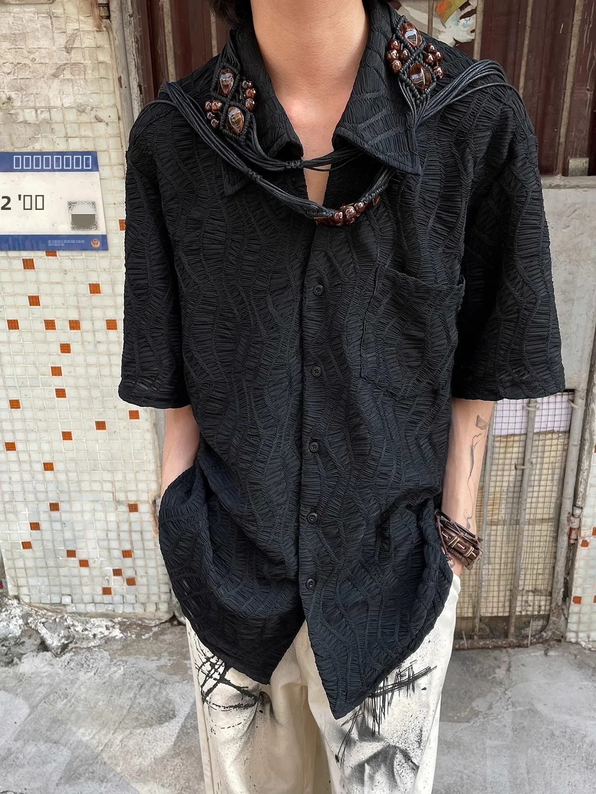 

Мужской летний кардиган с кубинским воротником, плиссированный, не требующий глажки, черный, с коротким рукавом, повседневный, свободного кроя, с вышивкой