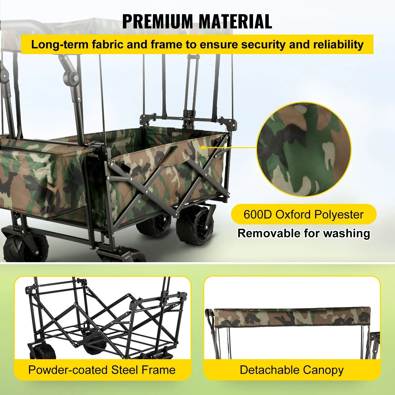 Carrello pieghevole pieghevole con tettuccio rimovibile, carrello pieghevole resistente, ATV per giardino, campeggio, carrello della spesa, Camo con ruote e portaoggetti posteriore