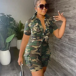 Camouflage Print Short Sets Women 2 Piece Set Outfit Streetwear Pockets Button Shirt Top and Cargo Shorts Casual Matching Sets