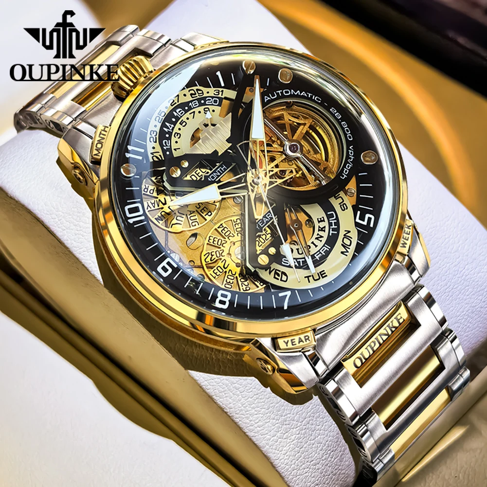 OUPINKE 3278 Automatic Mechanical Men Watches Luxury Skeleton Multifunctional Dial Waterproof Luminous Watch Man