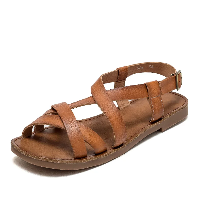 DRKANOL Literary Style Women Sandals 2024 Summer Cross Genuine Leather Open Toe Flat Sandals Women Metal Buckle Casual Shoes