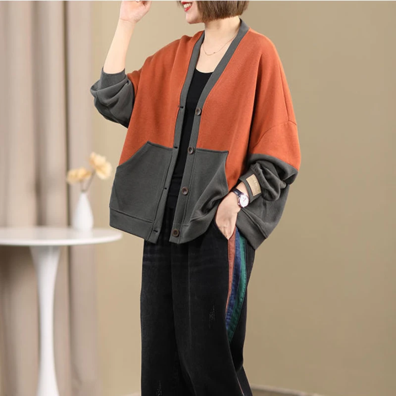 Spring Autumn New Women Casual Loose Patchwork Long Sleeve V-Neck Pocket Coat Female Button Cardigan Tops Ladies Clothing Jacket