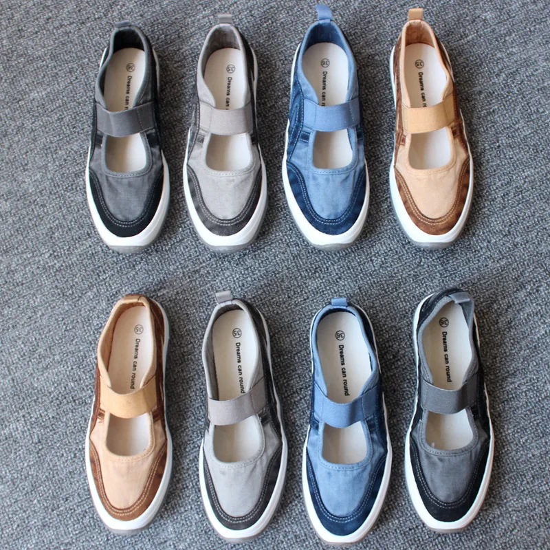 Women's Canvas Shoes Summer Washed Outdated Single Shoes Breathable Middle Help Elastic Band Artistic Flats Fashionable